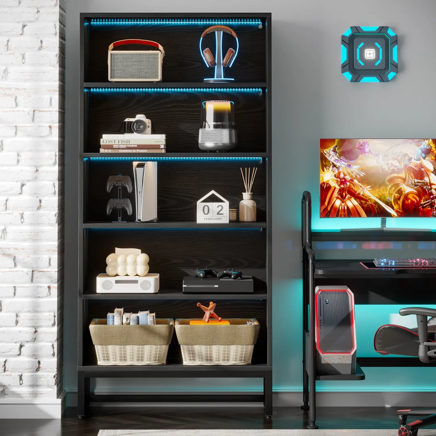 Tall Bookcase Black Bookshelf, 70.8” Large Bookcases Organizer with LED Lights