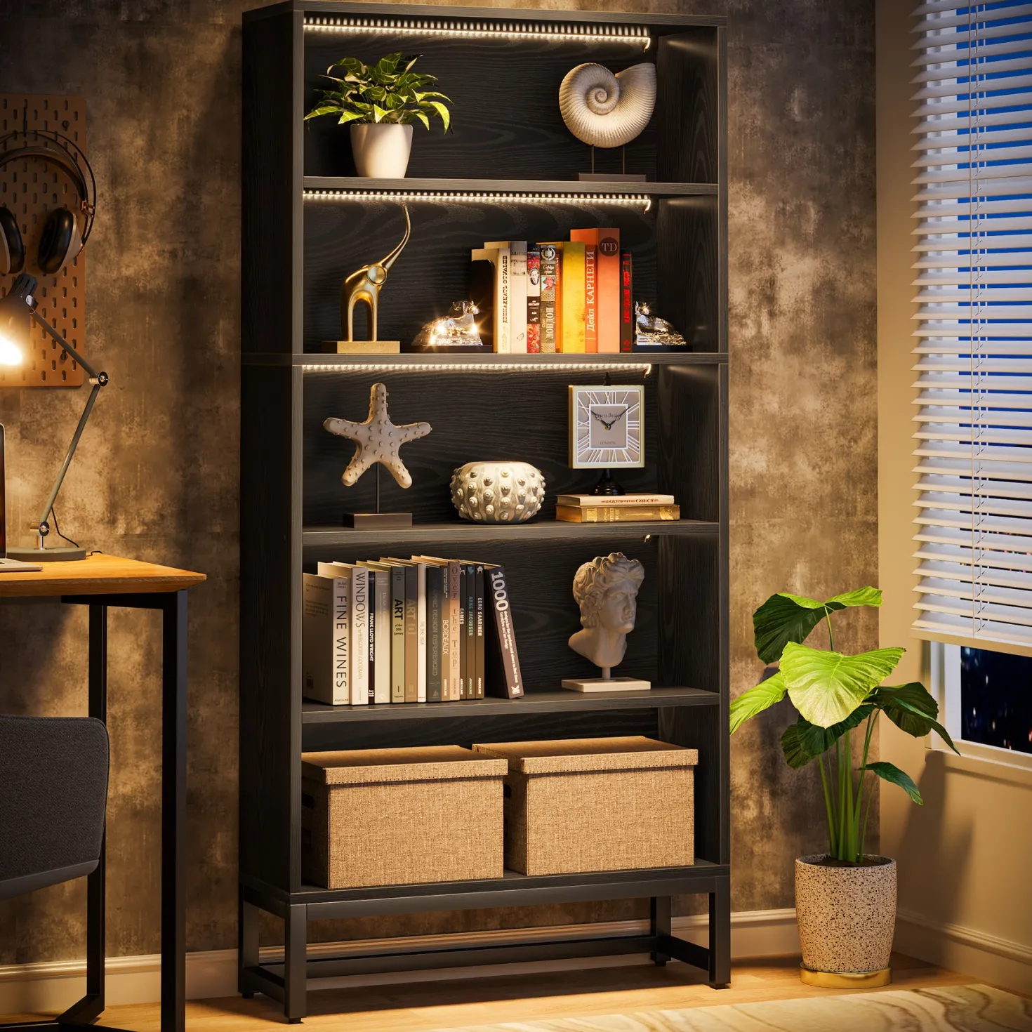 Tall Bookcase Black Bookshelf, 70.8” Large Bookcases Organizer with LED Lights