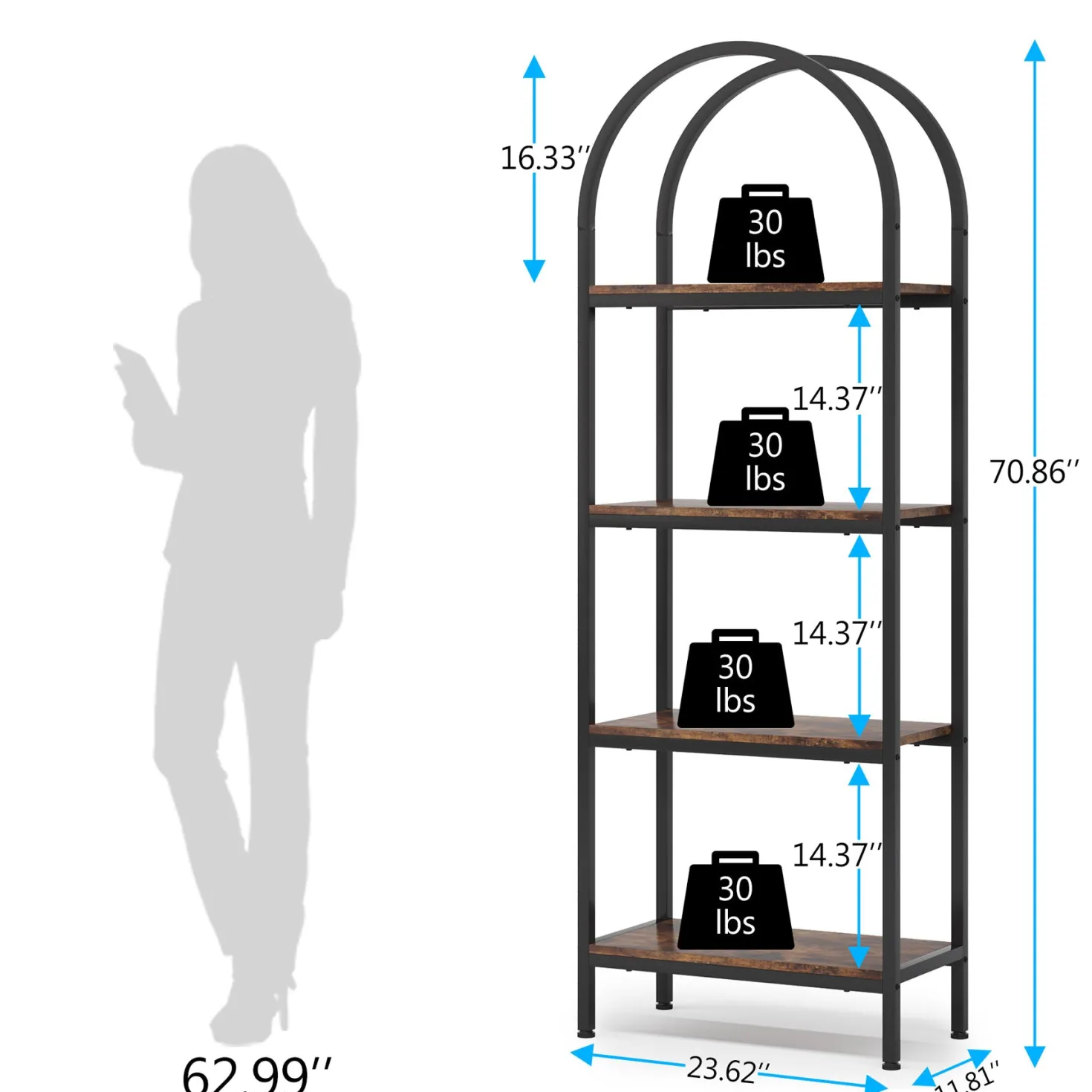 4-Tier / 5-Tier Bookshelf, Arched Bookcase Display Rack with Storage Shelves