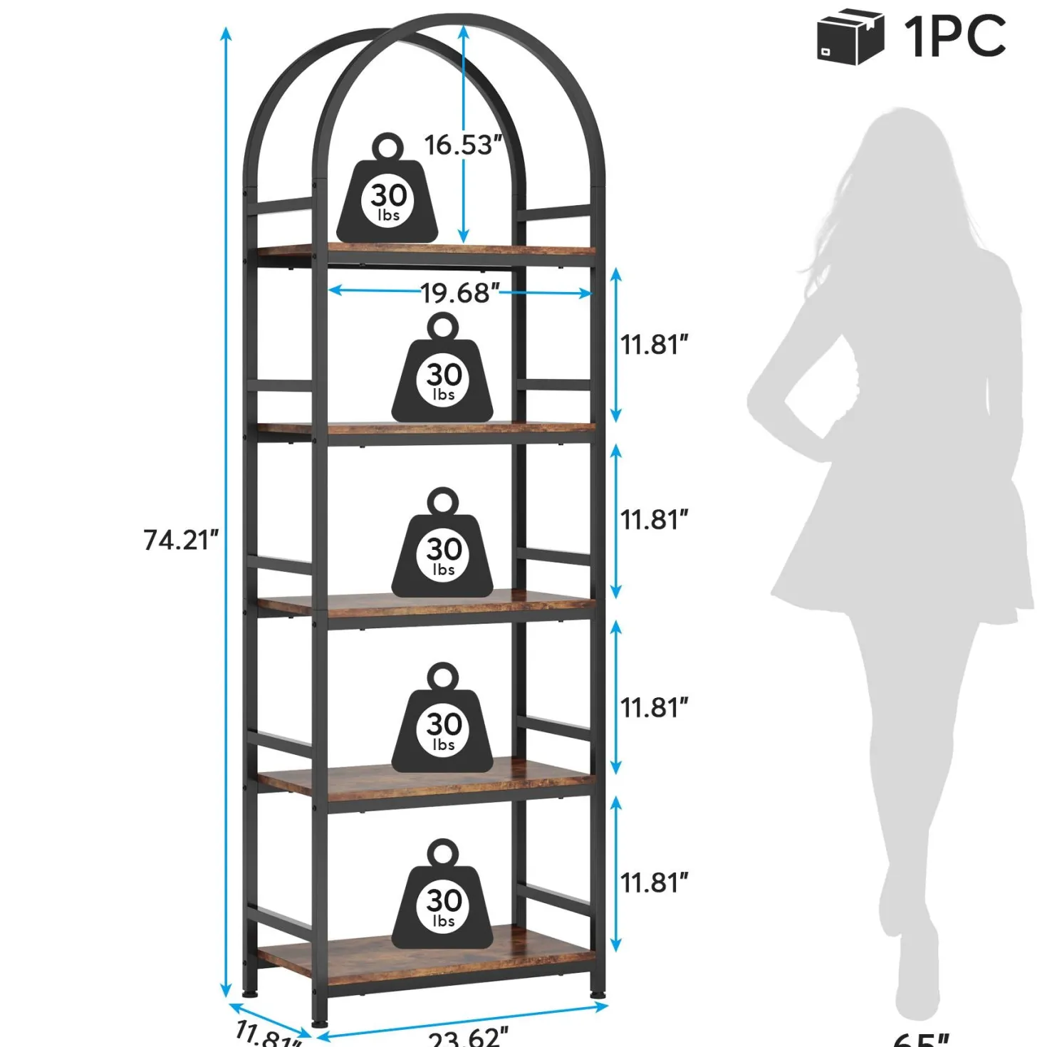 4-Tier / 5-Tier Bookshelf, Arched Bookcase Display Rack with Storage Shelves