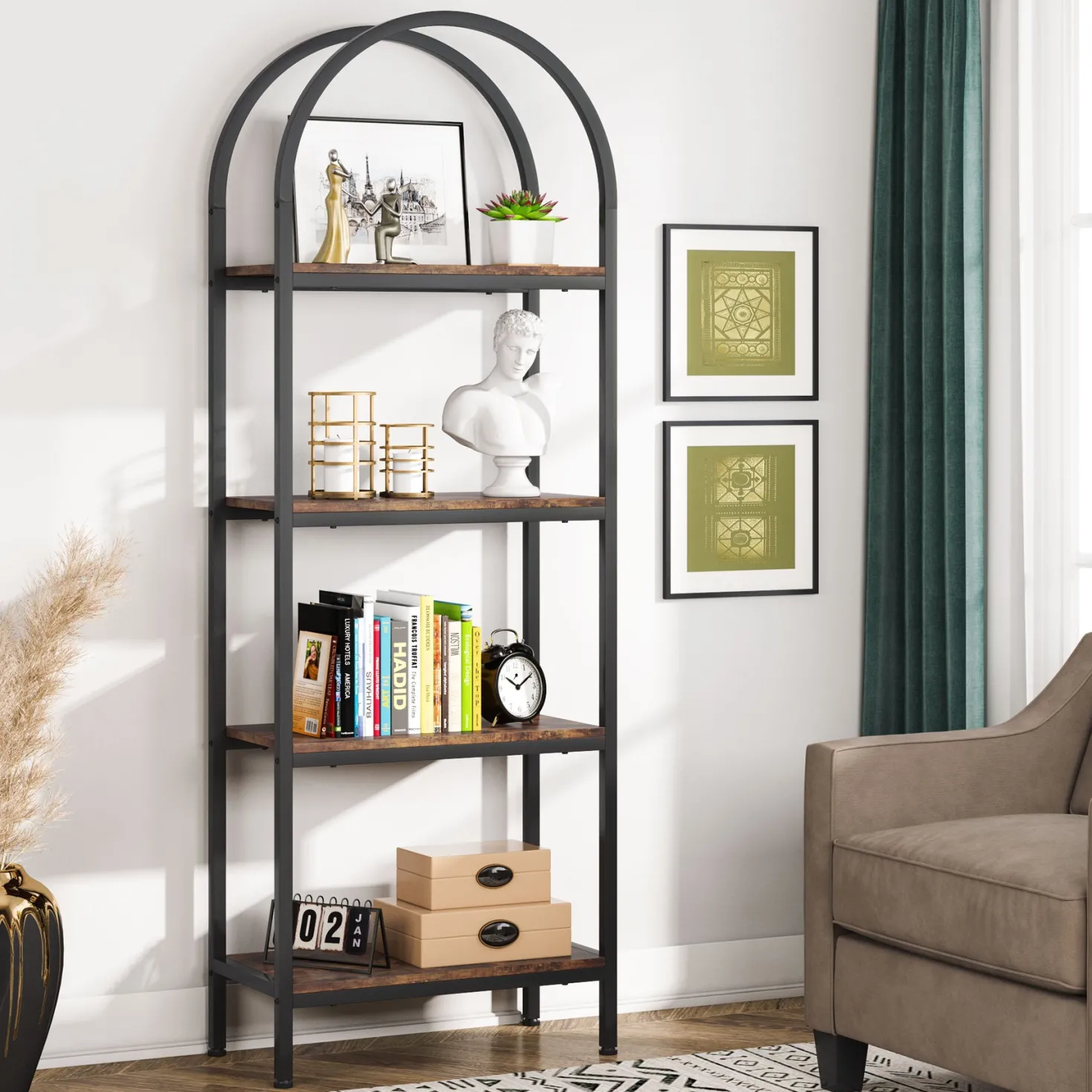 4-Tier / 5-Tier Bookshelf, Arched Bookcase Display Rack with Storage Shelves