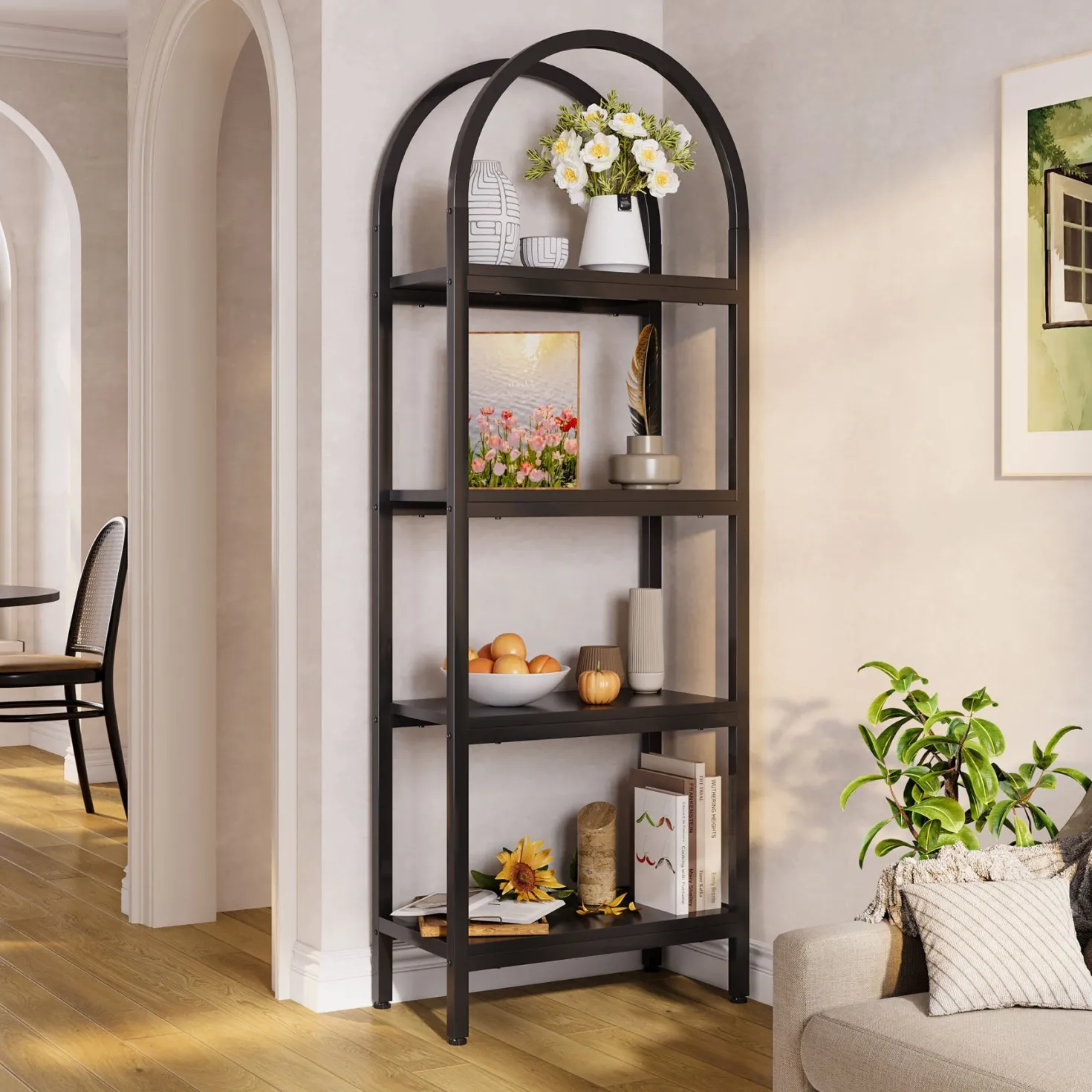 4-Tier / 5-Tier Bookshelf, Arched Bookcase Display Rack with Storage Shelves