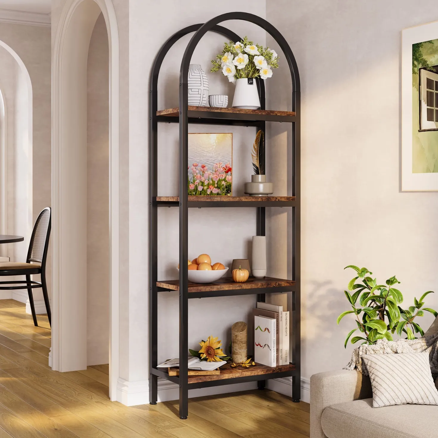 4-Tier / 5-Tier Bookshelf, Arched Bookcase Display Rack with Storage Shelves