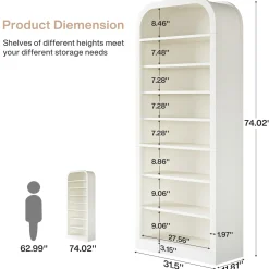 8-Tier Arched Bookshelf, 74” Tall Bookcase Open Display Shelf for Home Office
