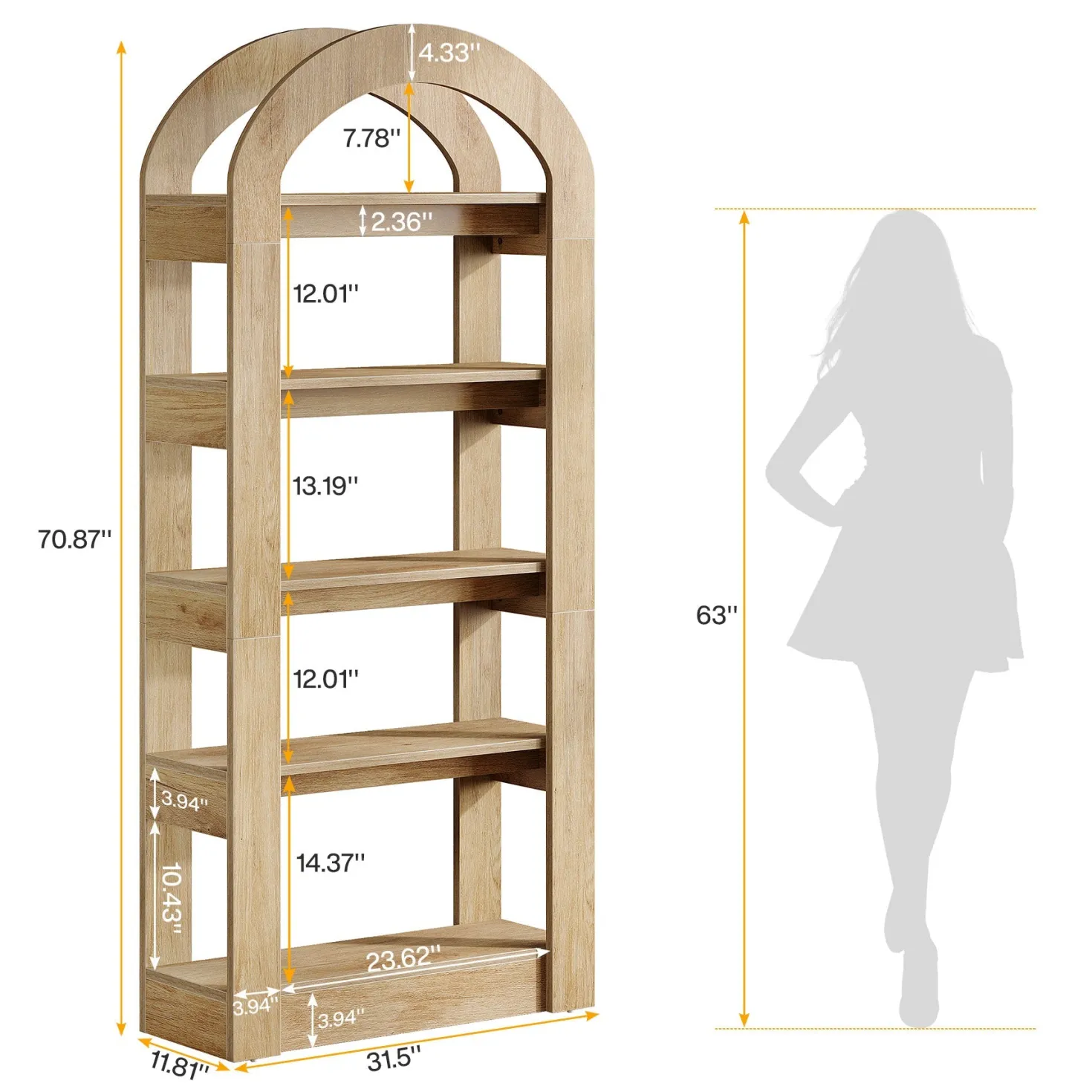 5-Tier Arched Bookshelf, Tall Bookcase Display Shelf for Living Room