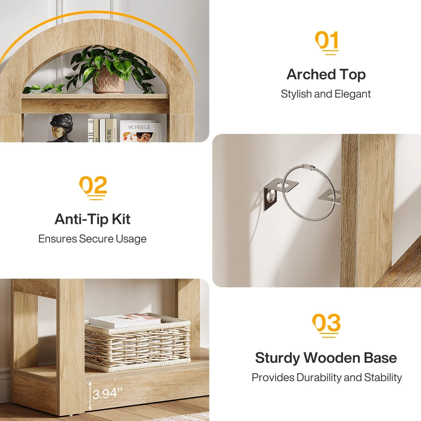 5-Tier Arched Bookshelf, Tall Bookcase Display Shelf for Living Room