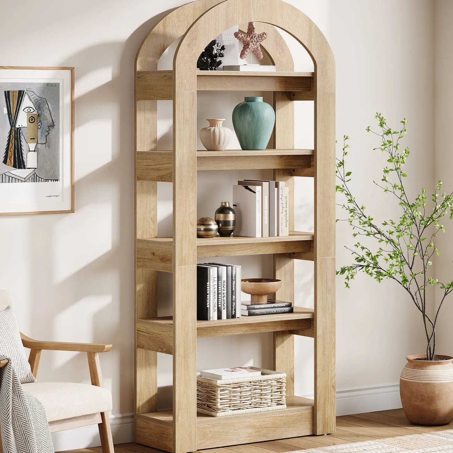 5-Tier Arched Bookshelf, Tall Bookcase Display Shelf for Living Room