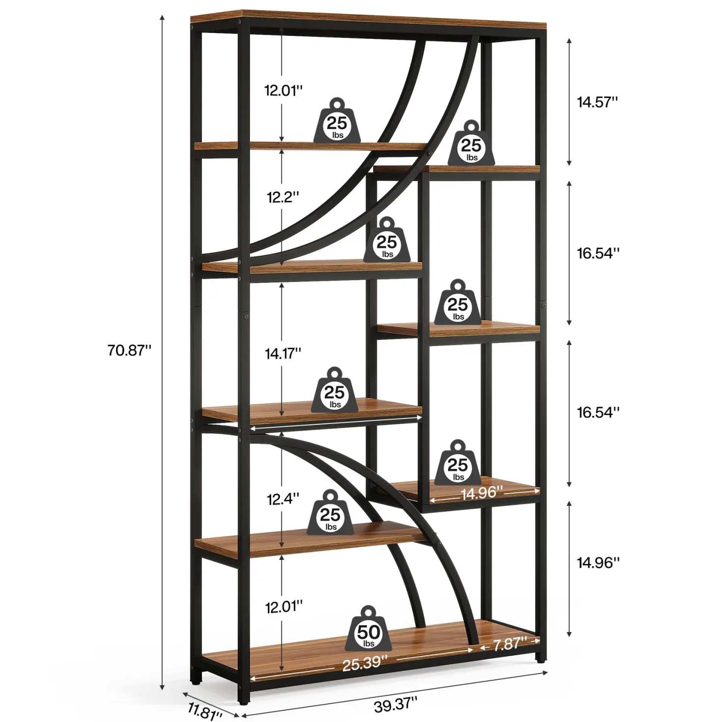 9-Tier Bookcase, 70.87" Industrial Etagere Bookshelf with Open Shelf