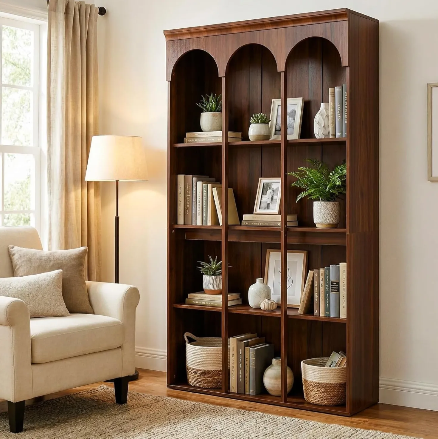 5-Tier Bookcase, 70.9" Tall Arched Bookshelf Open Shelving Unit