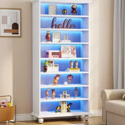 9-Tier Bookcase Wood Bookshelf with LED Lighting & Solid Wood Legs
