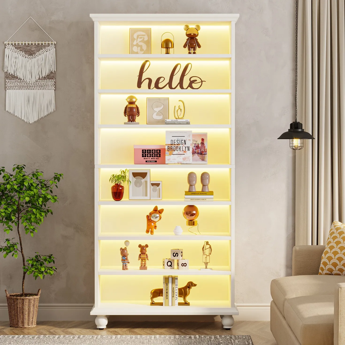 9-Tier Bookcase Wood Bookshelf with LED Lighting & Solid Wood Legs