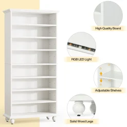 9-Tier Bookcase Wood Bookshelf with LED Lighting & Solid Wood Legs