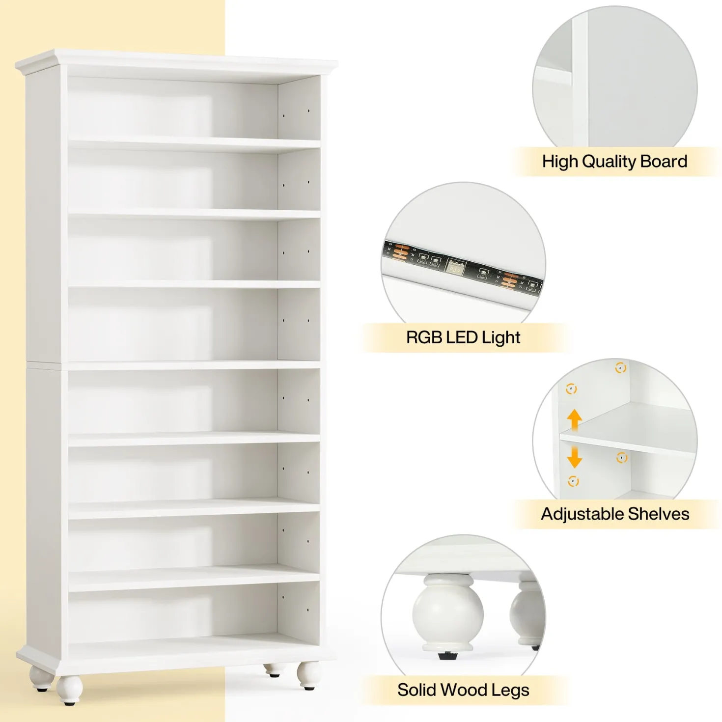 9-Tier Bookcase Wood Bookshelf with LED Lighting & Solid Wood Legs