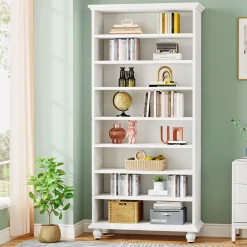 9-Tier Bookcase Wood Bookshelf with LED Lighting & Solid Wood Legs