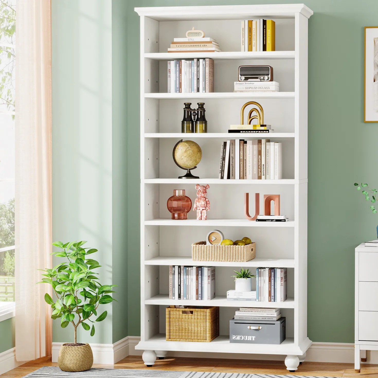 9-Tier Bookcase Wood Bookshelf with LED Lighting & Solid Wood Legs