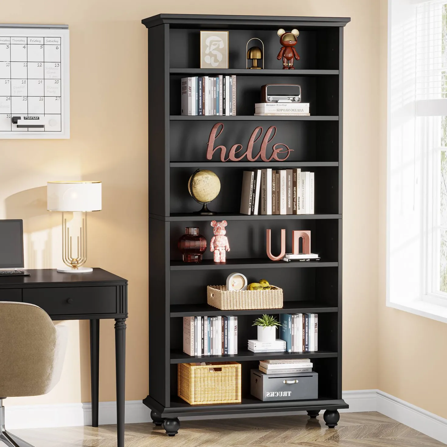 9-Tier Bookcase Wood Bookshelf with LED Lighting & Solid Wood Legs