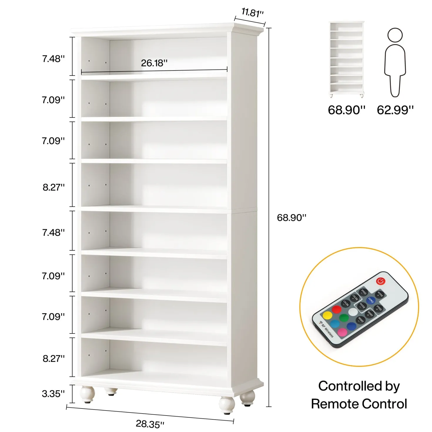 9-Tier Bookcase Wood Bookshelf with LED Lighting & Solid Wood Legs