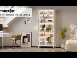 9-Tier Bookcase Wood Bookshelf with LED Lighting & Solid Wood Legs
