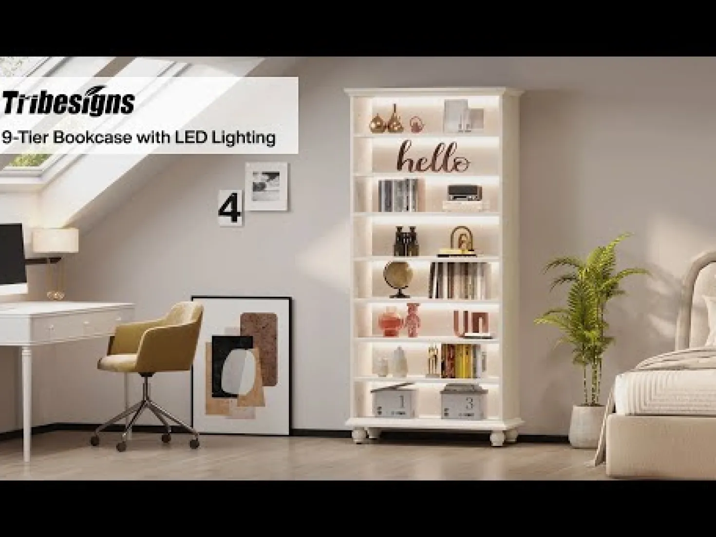 9-Tier Bookcase Wood Bookshelf with LED Lighting & Solid Wood Legs