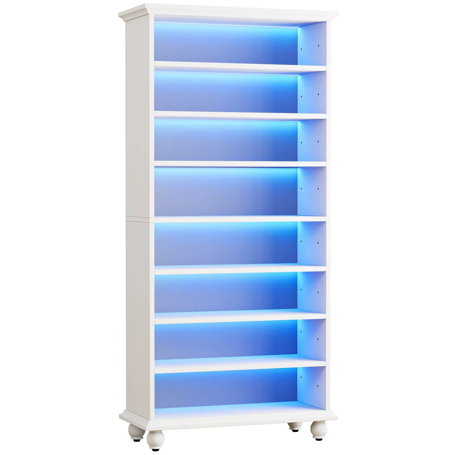 9-Tier Bookcase Wood Bookshelf with LED Lighting & Solid Wood Legs