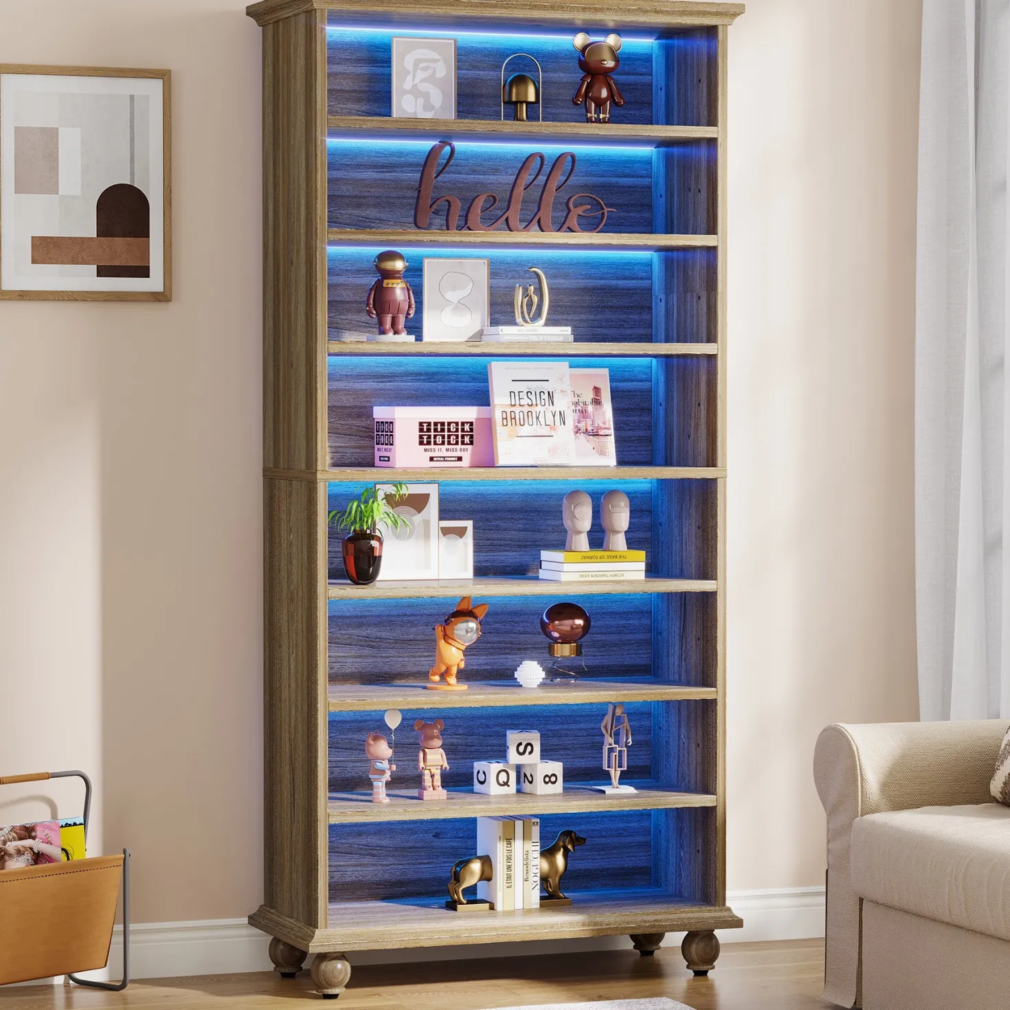 9-Tier Bookcase Wood Bookshelf with LED Lighting & Solid Wood Legs