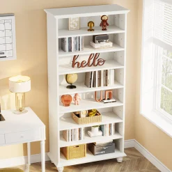 9-Tier Bookcase Wood Bookshelf with LED Lighting & Solid Wood Legs