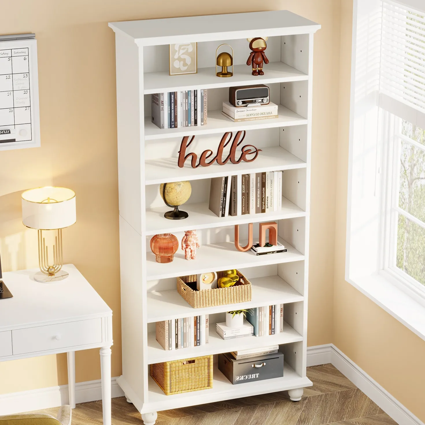 9-Tier Bookcase Wood Bookshelf with LED Lighting & Solid Wood Legs
