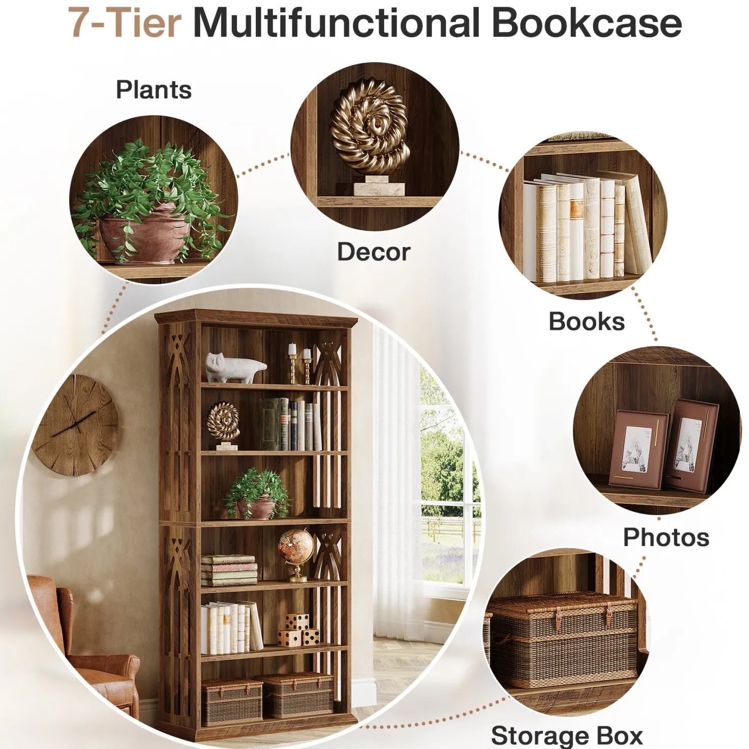 6-Tier Bookshelf, 75" Bookcase Display Shelves Storage Etagere