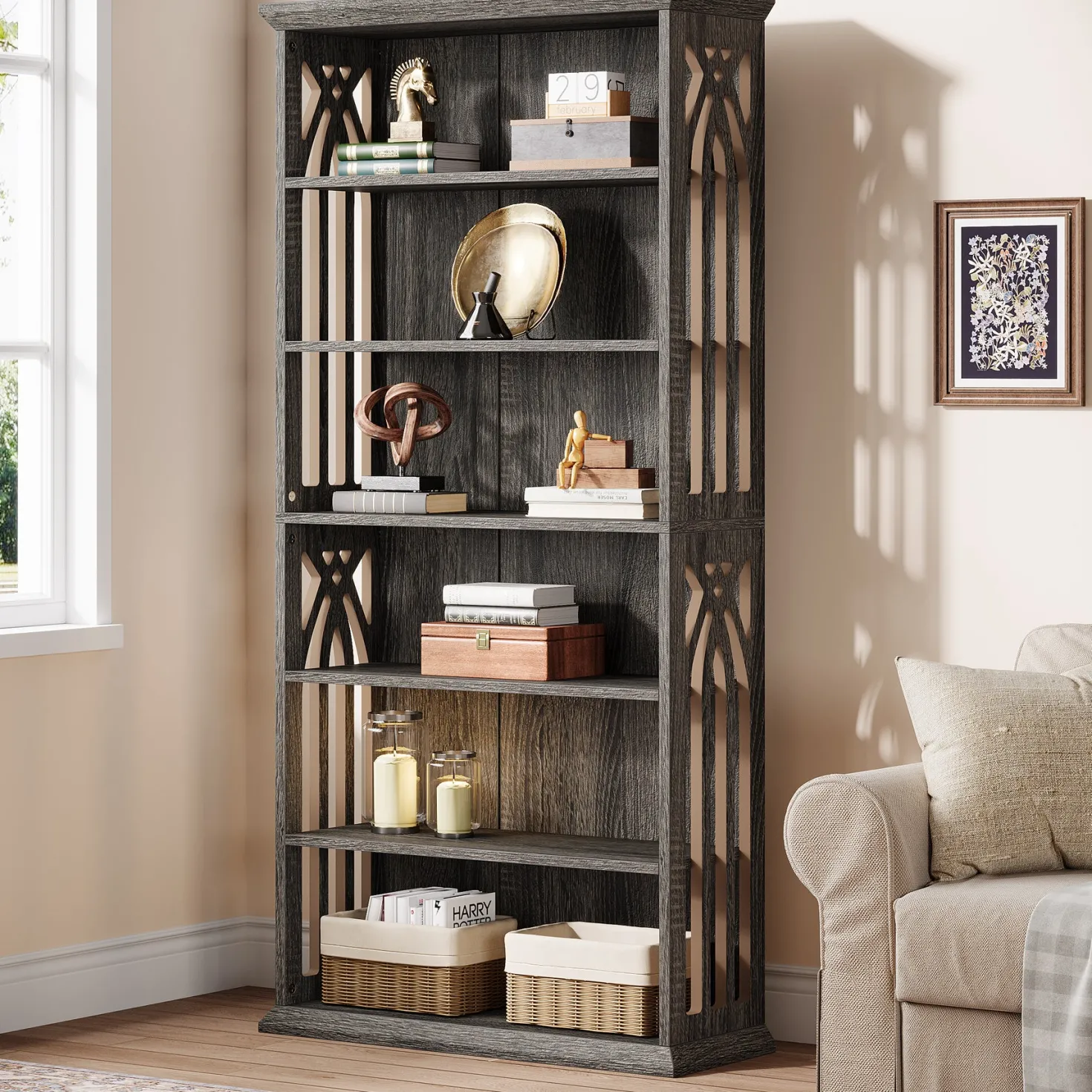 6-Tier Bookshelf, 75" Bookcase Display Shelves Storage Etagere
