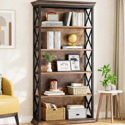 6-Tier Bookshelf, 70.87" Etagere Metal and Wooden Bookcase for Home Office