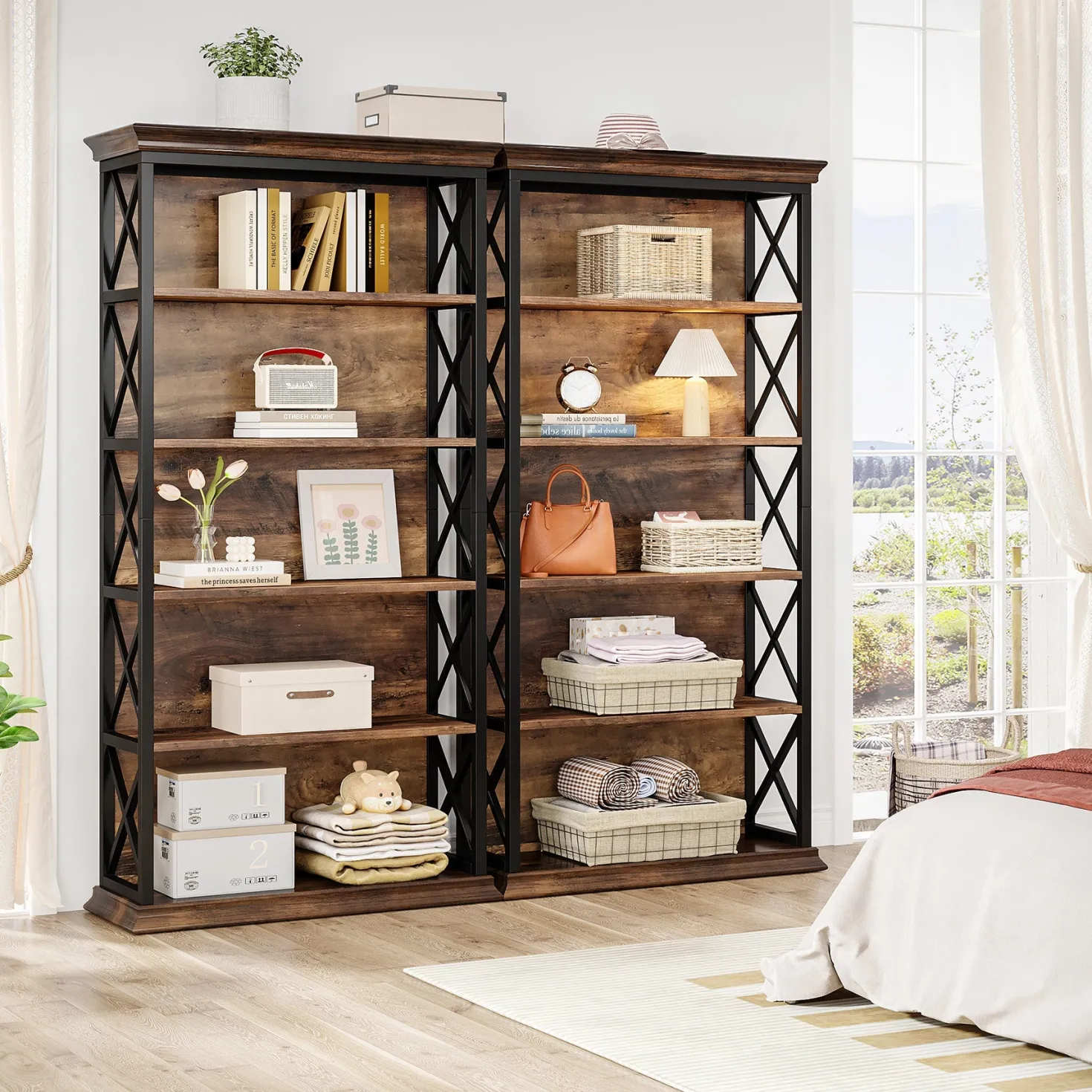 6-Tier Bookshelf, 70.87" Etagere Metal and Wooden Bookcase for Home Office