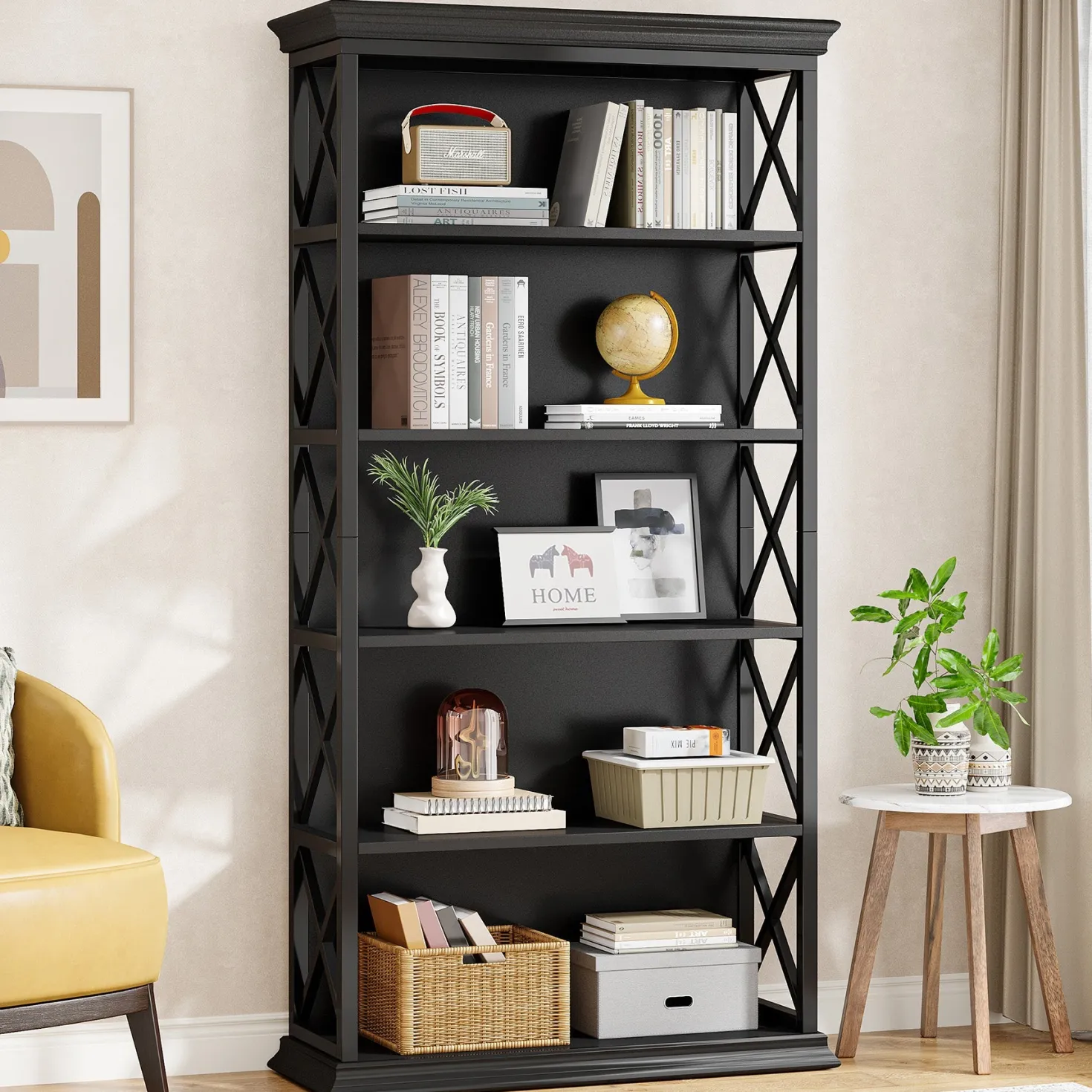 6-Tier Bookshelf, 70.87" Etagere Metal and Wooden Bookcase for Home Office