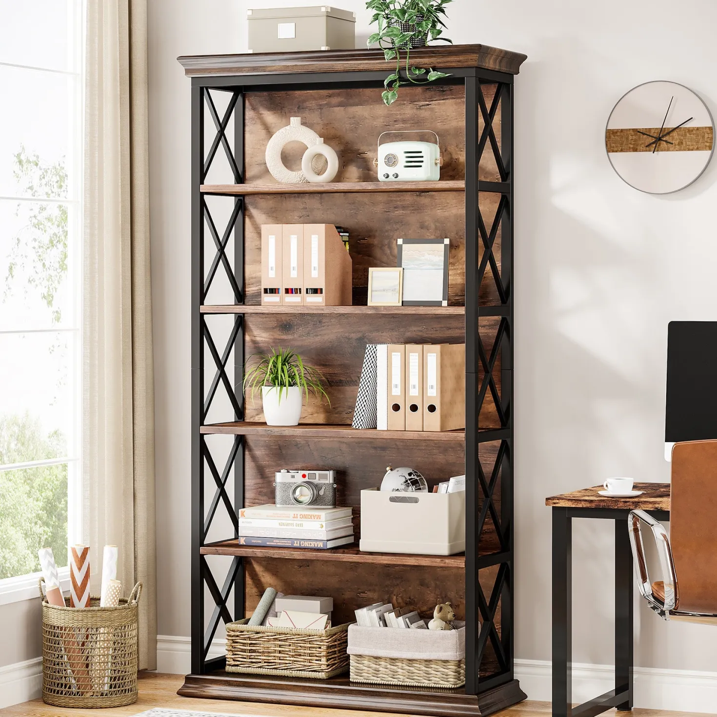 6-Tier Bookshelf, 70.87" Etagere Metal and Wooden Bookcase for Home Office