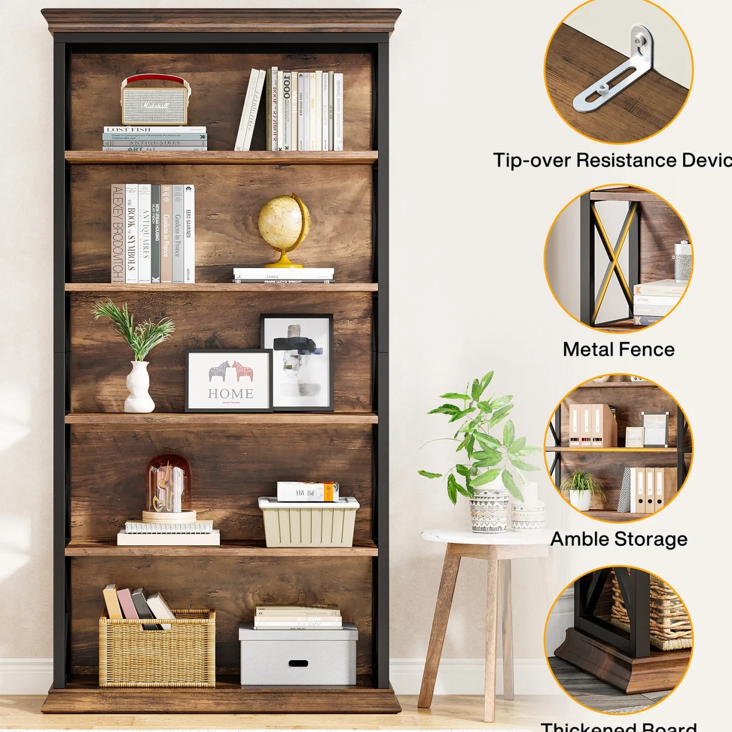 6-Tier Bookshelf, 70.87" Etagere Metal and Wooden Bookcase for Home Office