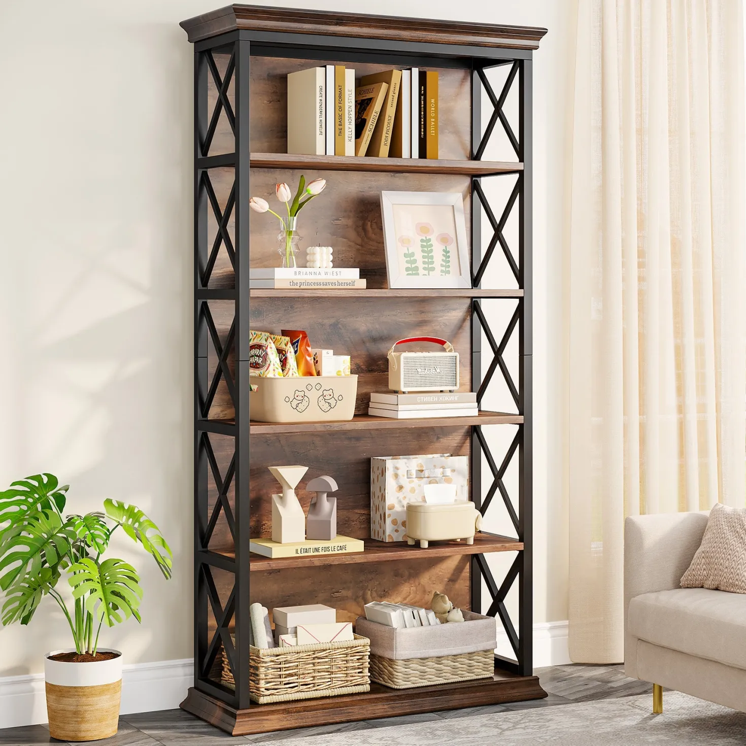 6-Tier Bookshelf, 70.87" Etagere Metal and Wooden Bookcase for Home Office