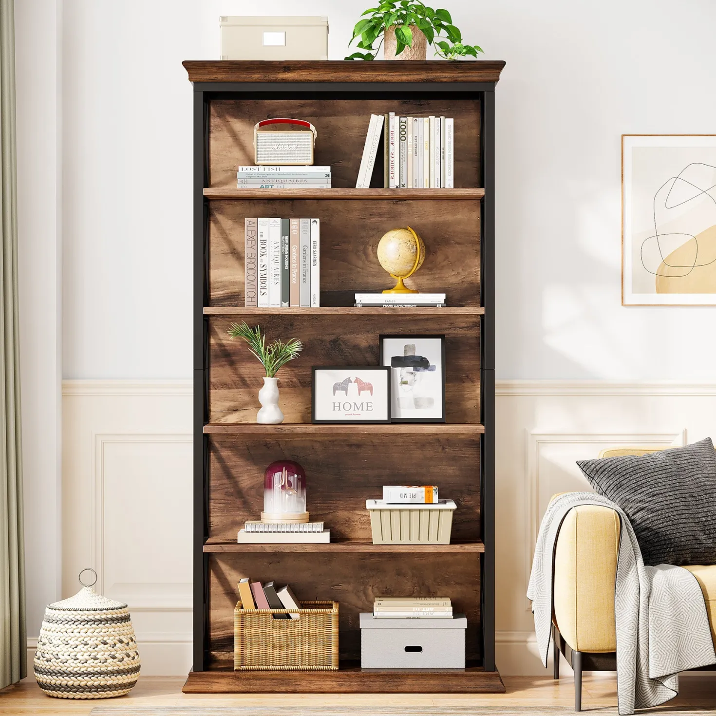 6-Tier Bookshelf, 70.87" Etagere Metal and Wooden Bookcase for Home Office