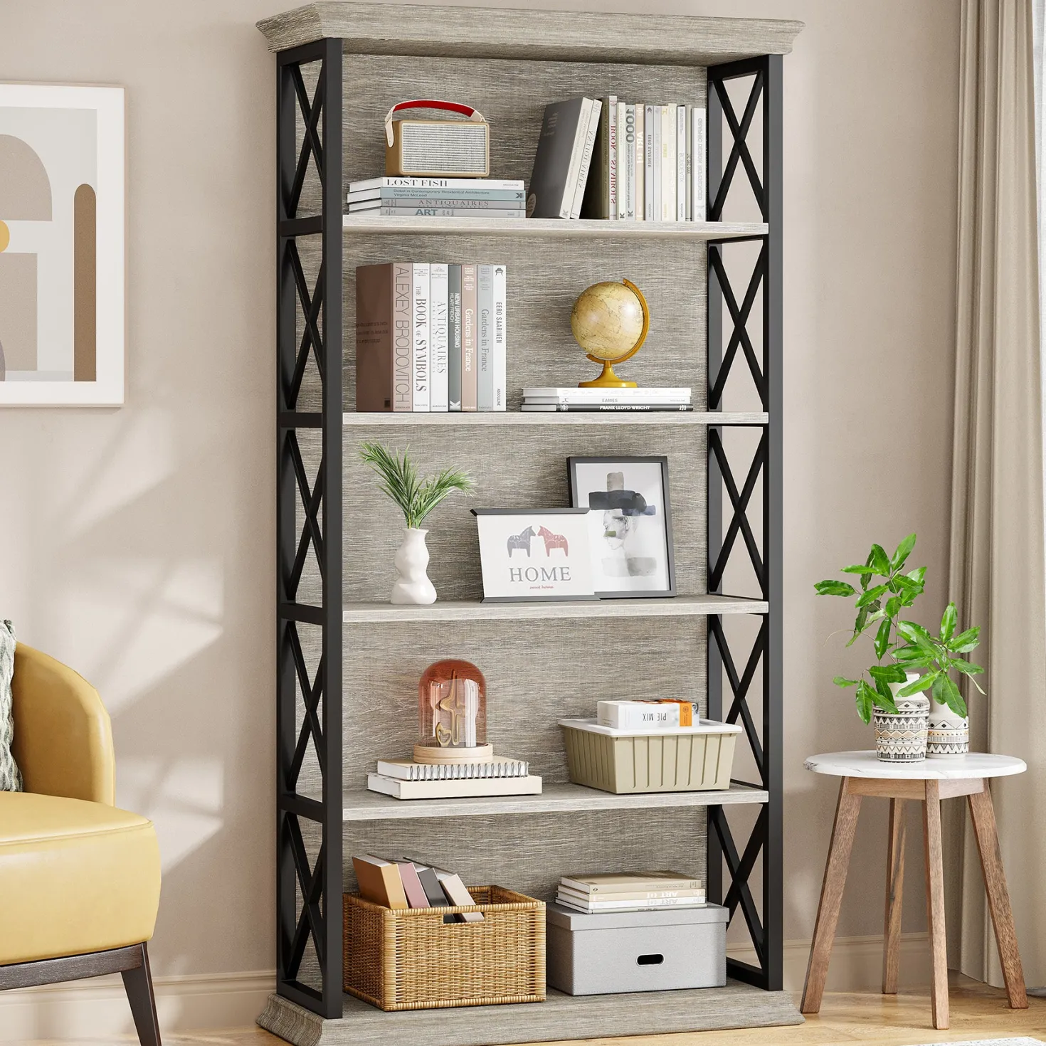 6-Tier Bookshelf, 70.87" Etagere Metal and Wooden Bookcase for Home Office