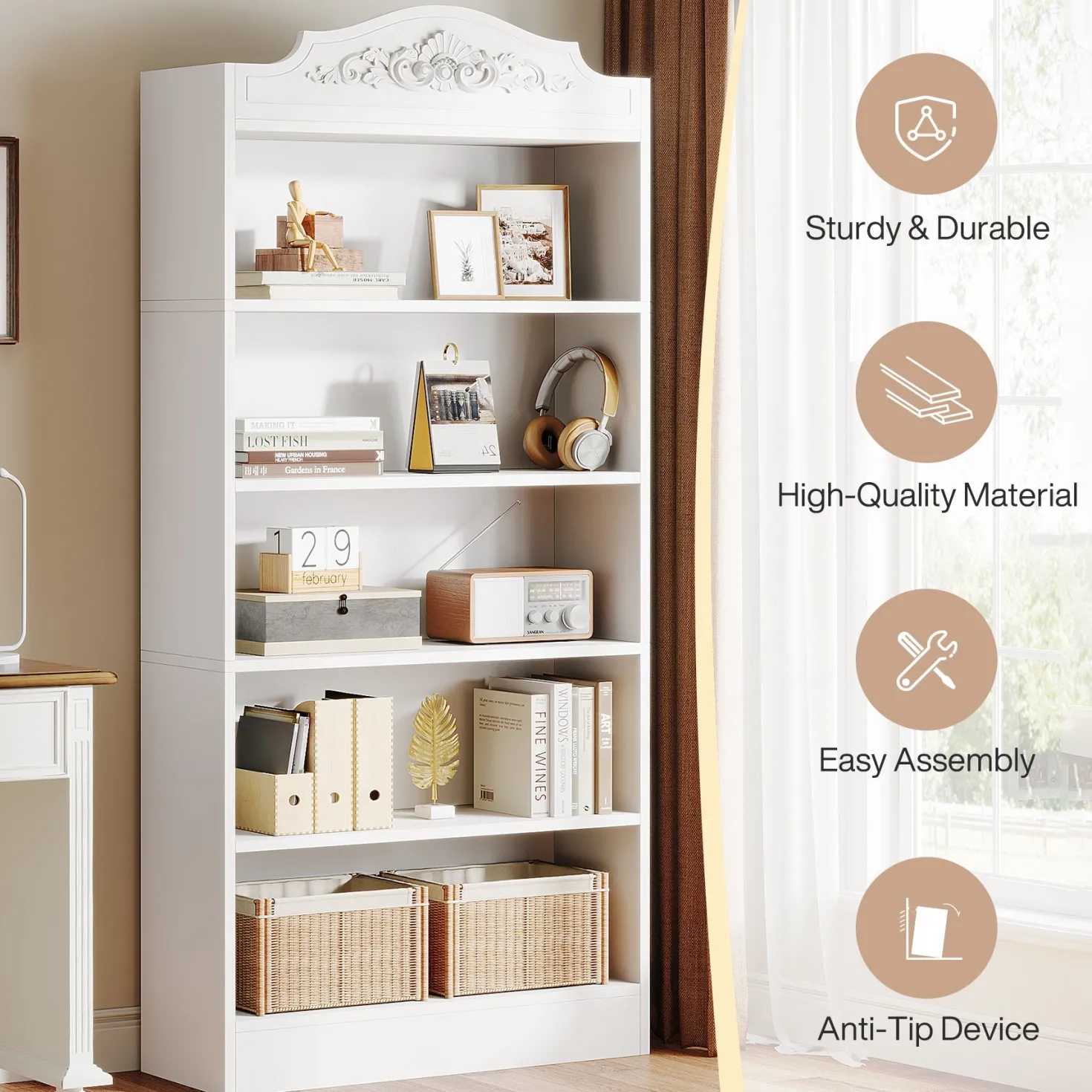5-Tier Bookshelf, 73" Freestanding Etagere Bookcase with Storage Shelves