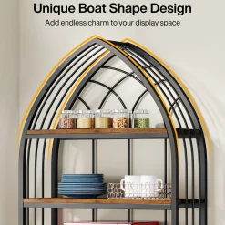 5-Tier Bookshelf, 74.8" Industrial Curved Wooden Bookcase