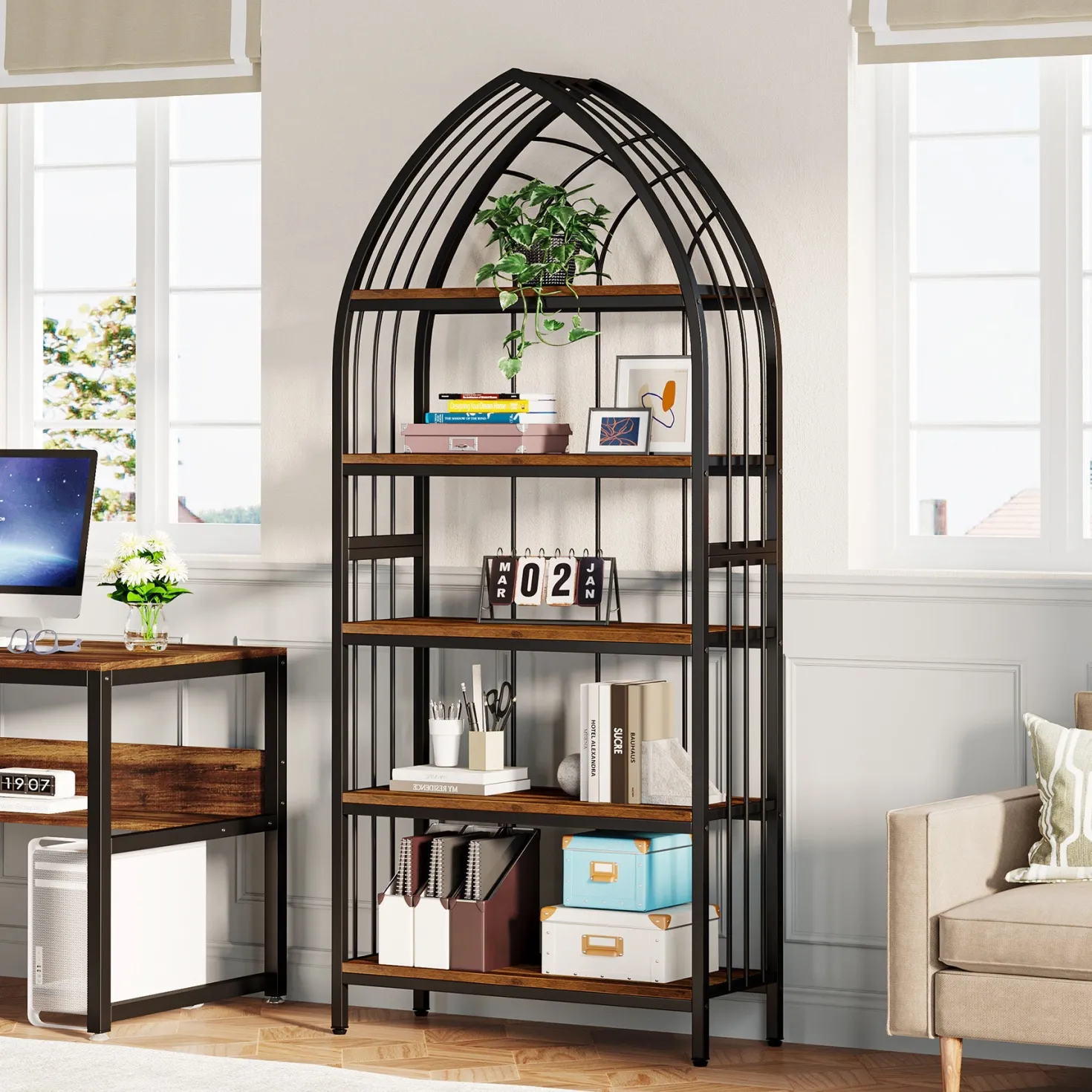 5-Tier Bookshelf, 74.8" Industrial Curved Wooden Bookcase