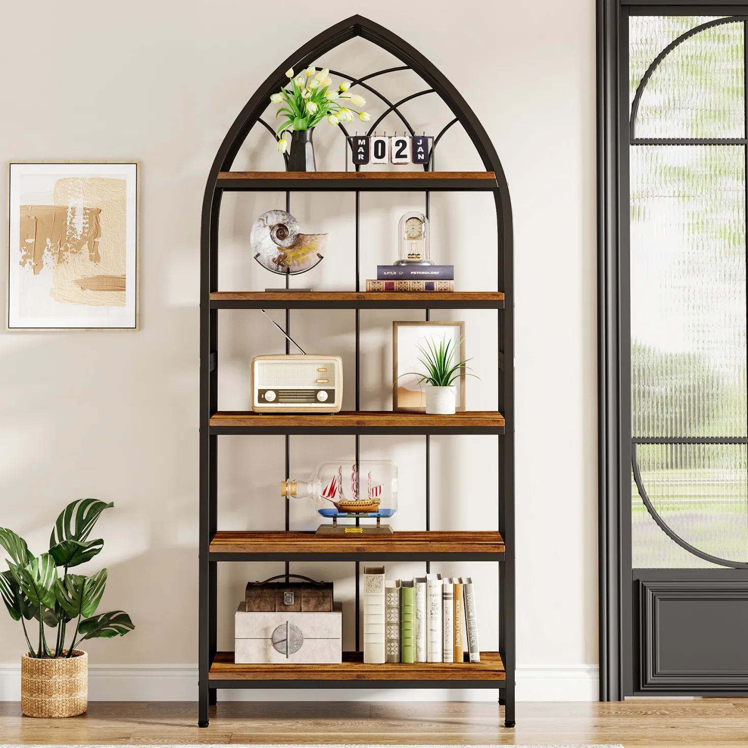 5-Tier Bookshelf, 74.8" Industrial Curved Wooden Bookcase