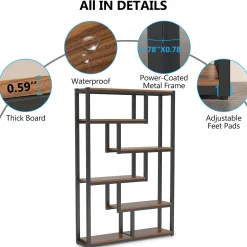 5-Tier Bookshelf, 69" Industrial Etagere Bookcase with Staggered Shelves