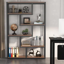 5-Tier Bookshelf, 69" Industrial Etagere Bookcase with Staggered Shelves