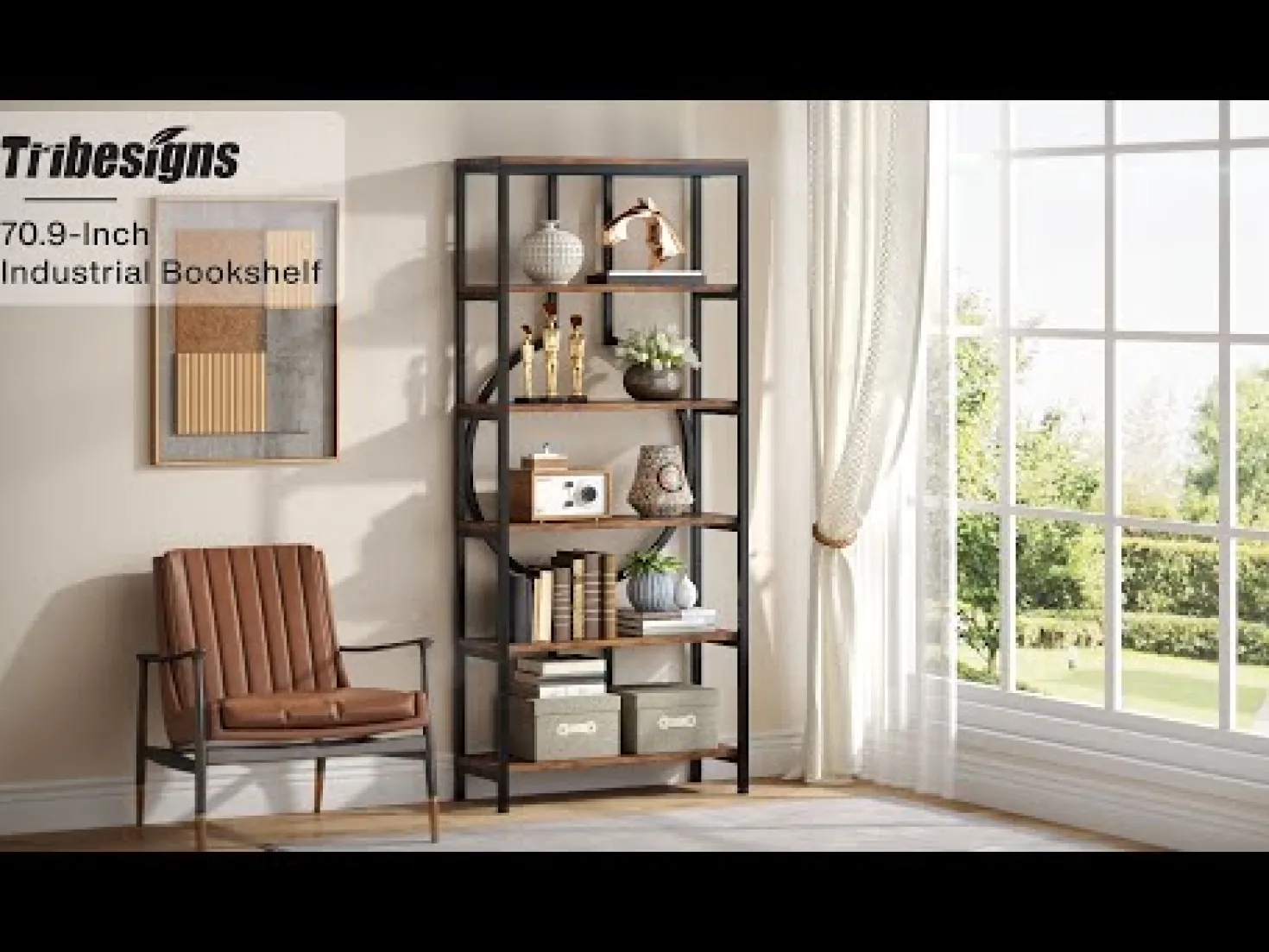 6-Tier Bookshelf, 70.9" Industrial Bookcase Display Shelf
