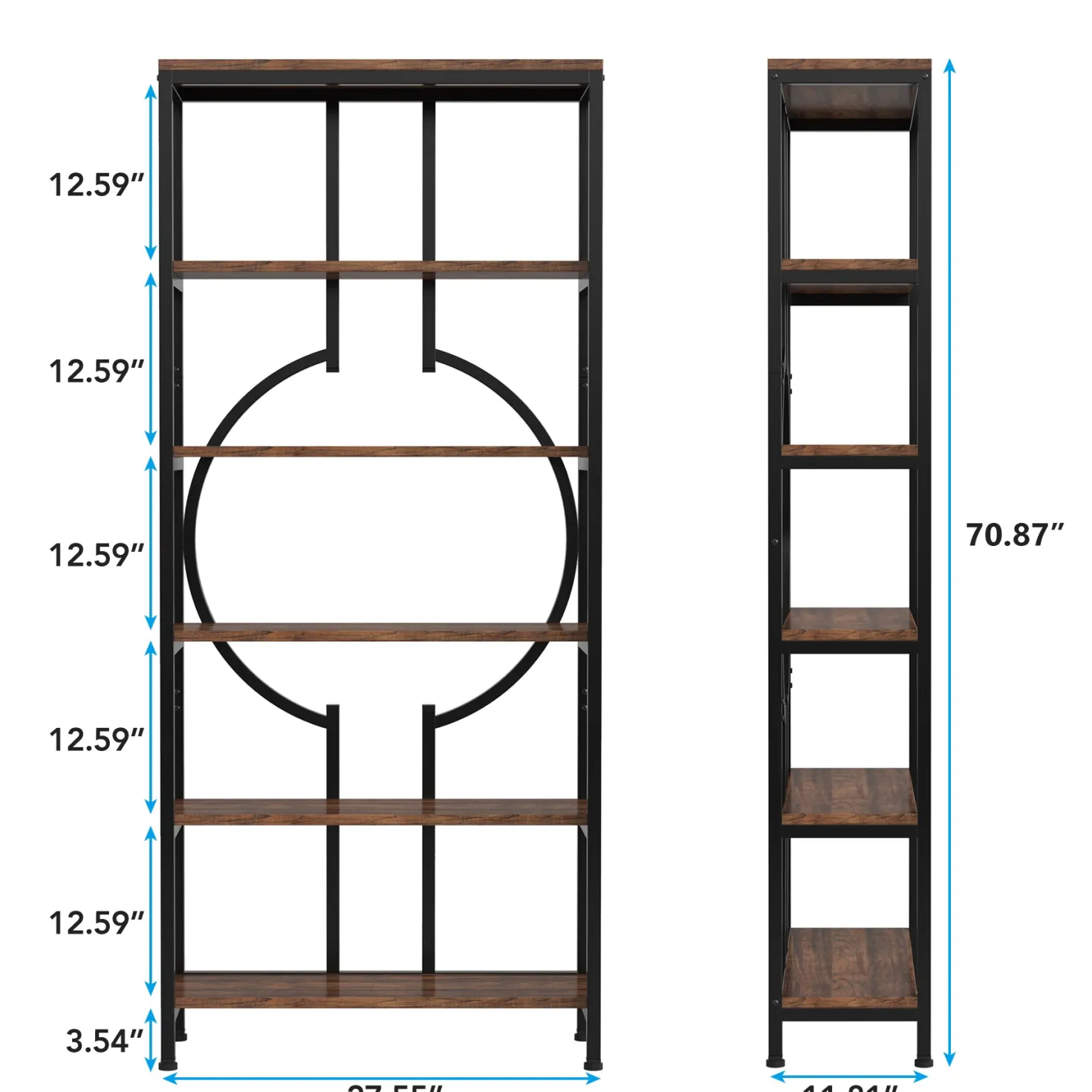6-Tier Bookshelf, 70.9" Industrial Bookcase Display Shelf