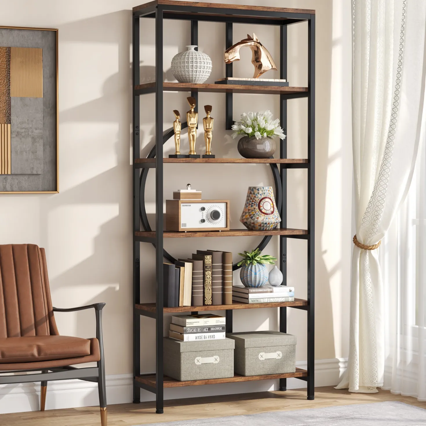6-Tier Bookshelf, 70.9" Industrial Bookcase Display Shelf