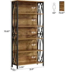 6-Tier Bookshelf, 70.87" Industrial Bookcase with Geometric Metal Frame
