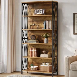 6-Tier Bookshelf, 70.87" Industrial Bookcase with Geometric Metal Frame