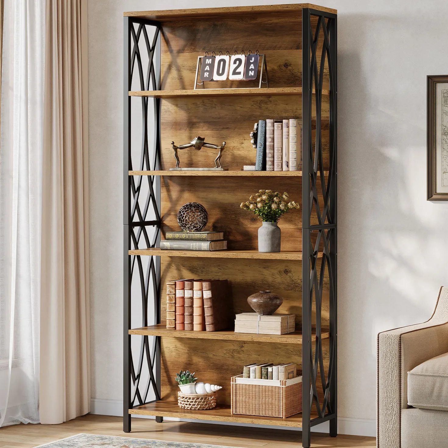 6-Tier Bookshelf, 70.87" Industrial Bookcase with Geometric Metal Frame