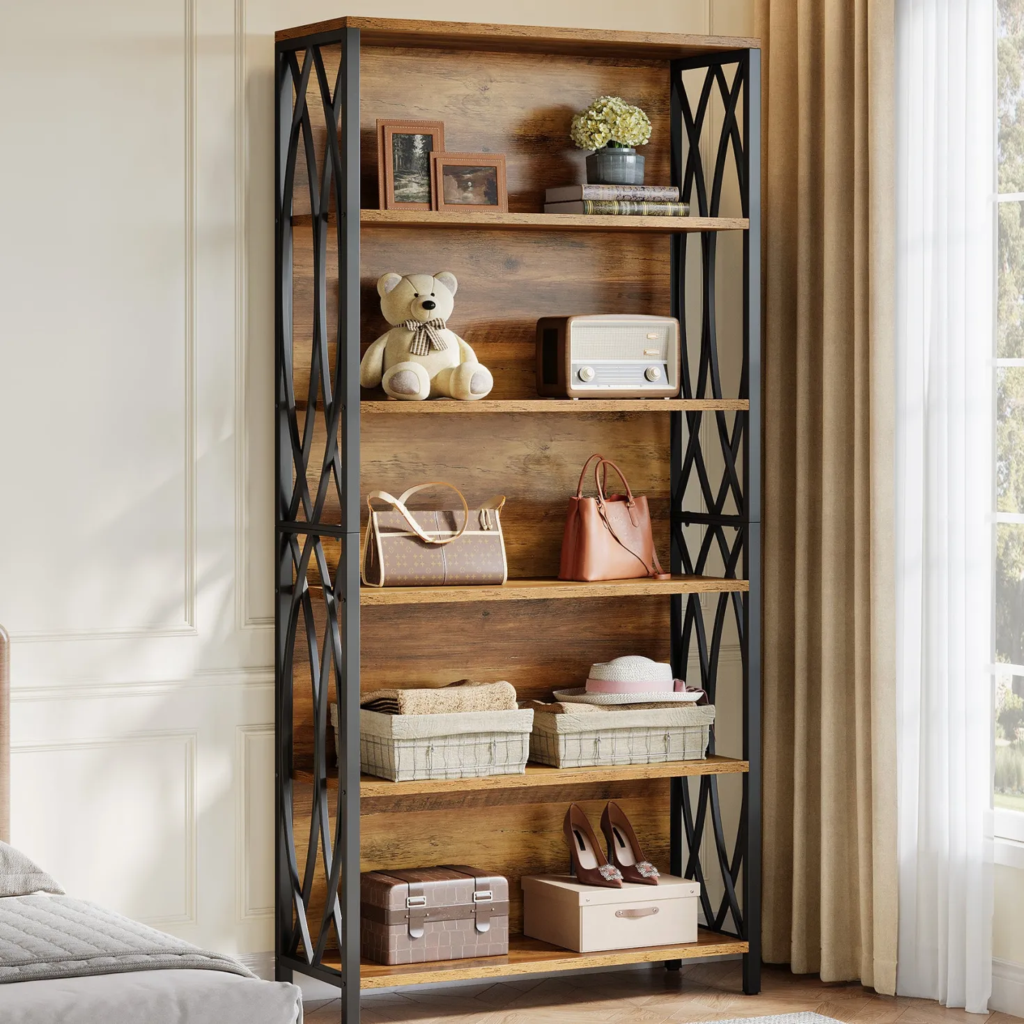 6-Tier Bookshelf, 70.87" Industrial Bookcase with Geometric Metal Frame